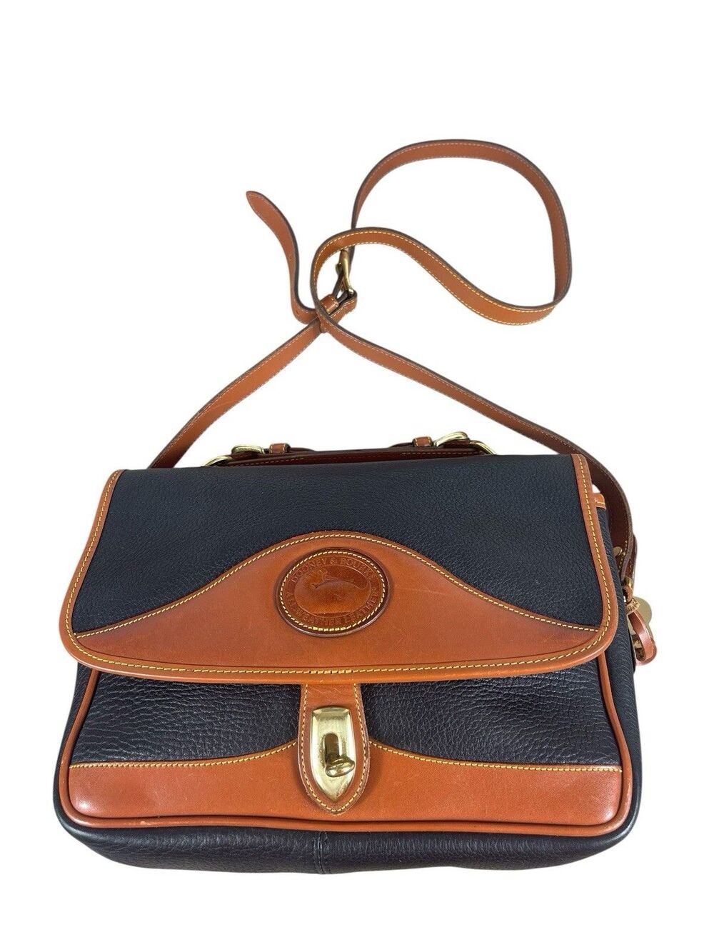 VTG Dooney & Bourke AWL Navy British Tan Pebbled Leather Messenger Top Handle